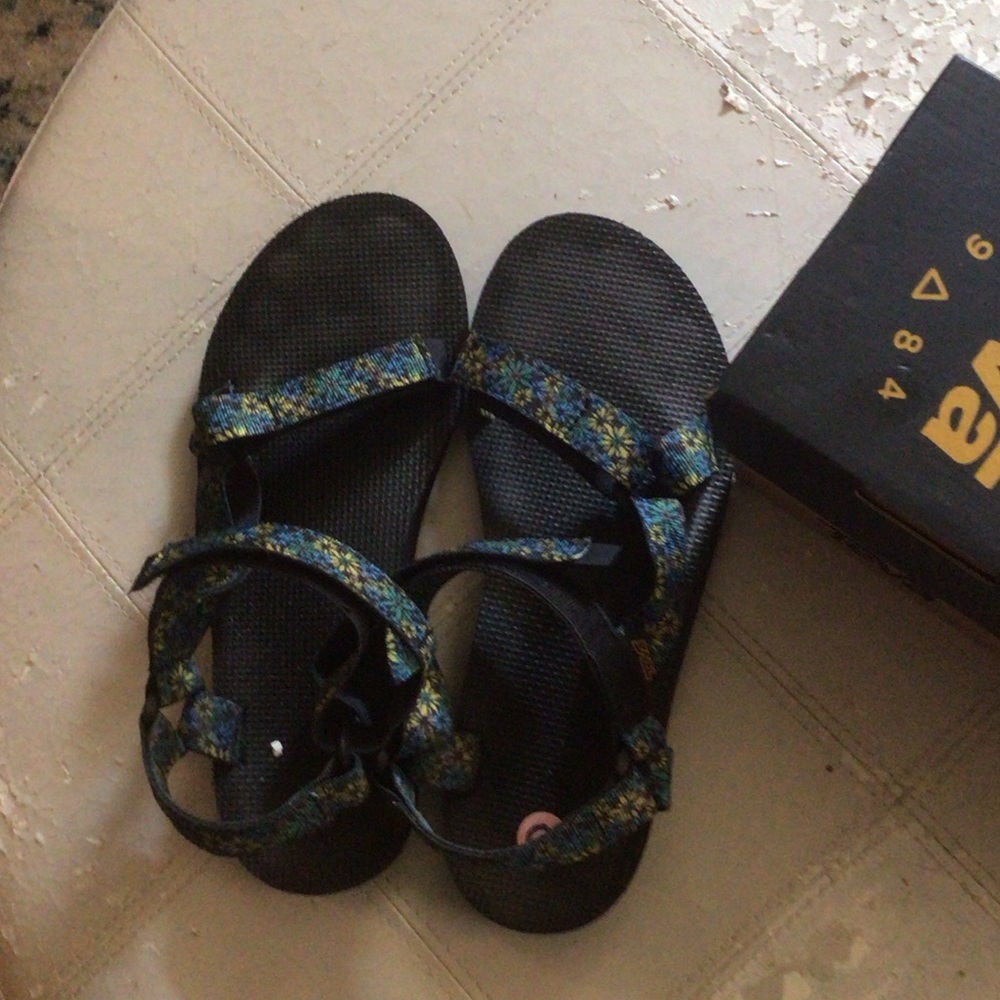 Teva Black Sandals with Blue and Yellow Floral Straps